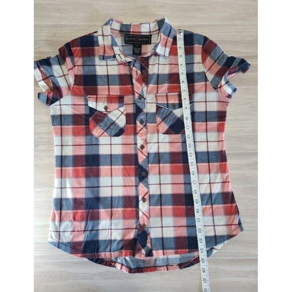 Polly Esther Plaid Shirt L – Red Blue Check, Short Sleeve Button-Up - Picture 5 of 6